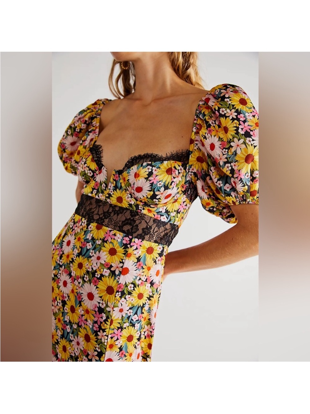 For Love And Lemons Yellow Floral Puff-Sleeve Maxi Dress - Picture 2 of 6